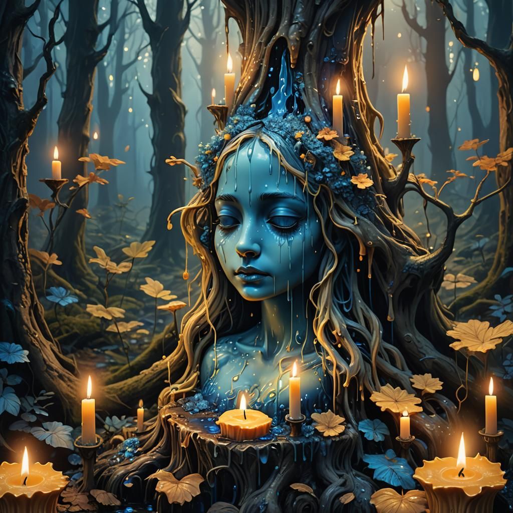 Crying Candle Person in Mystical Forest