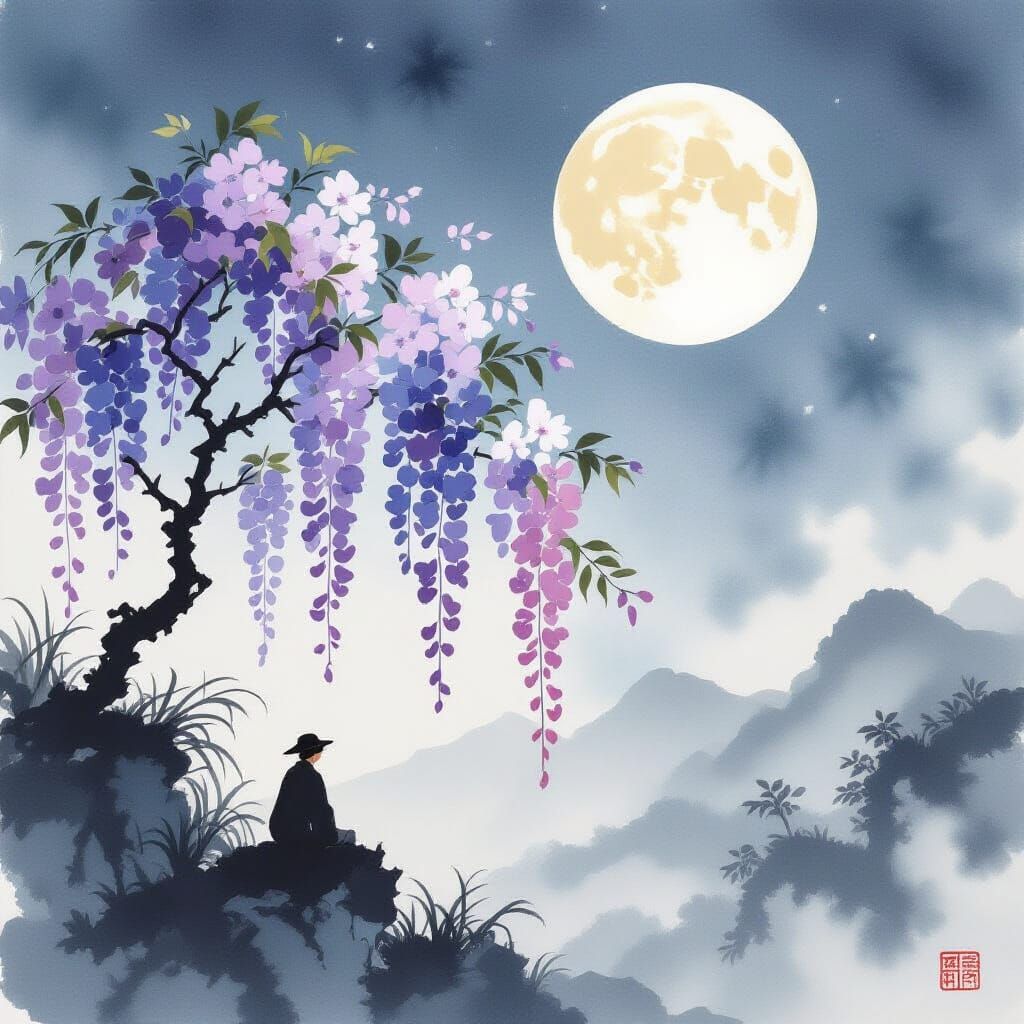 Sumi-e Wisteria Under Full Moon Night