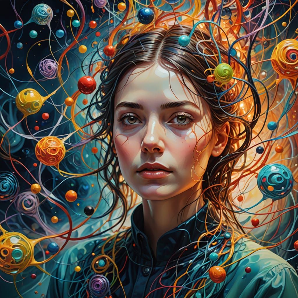 Surreal Person Surrounded by Floating Concepts