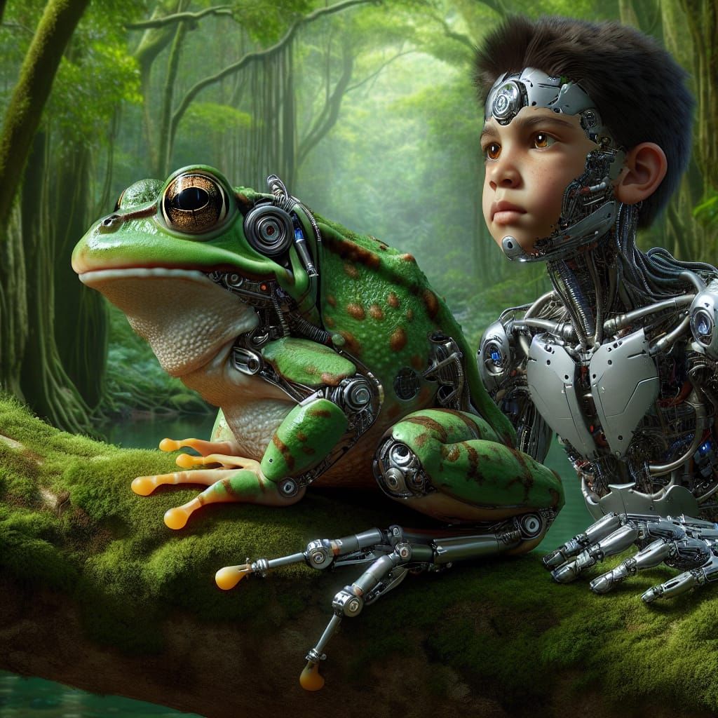 Cyborg Boy and Frog in Hyper-realistic Forest