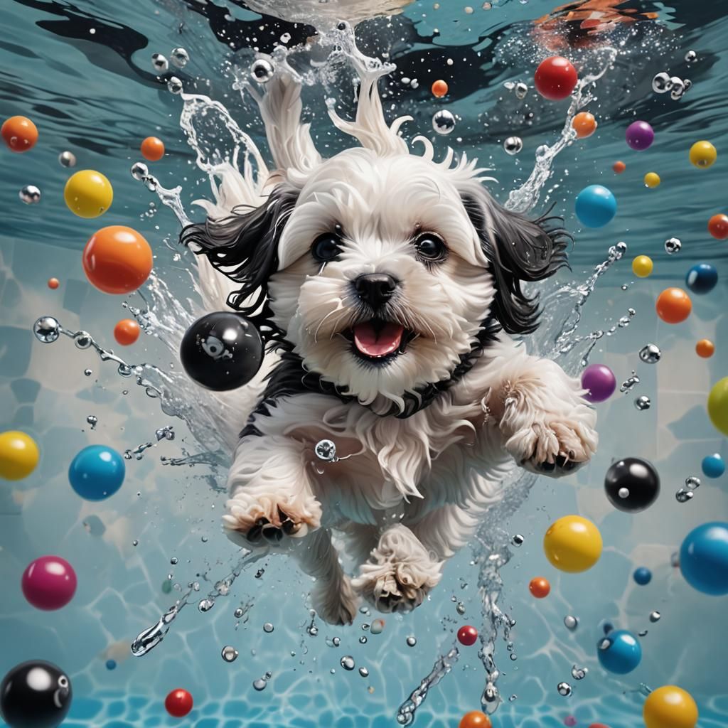 A little white and black Maltese terrier puppy is diving in ...