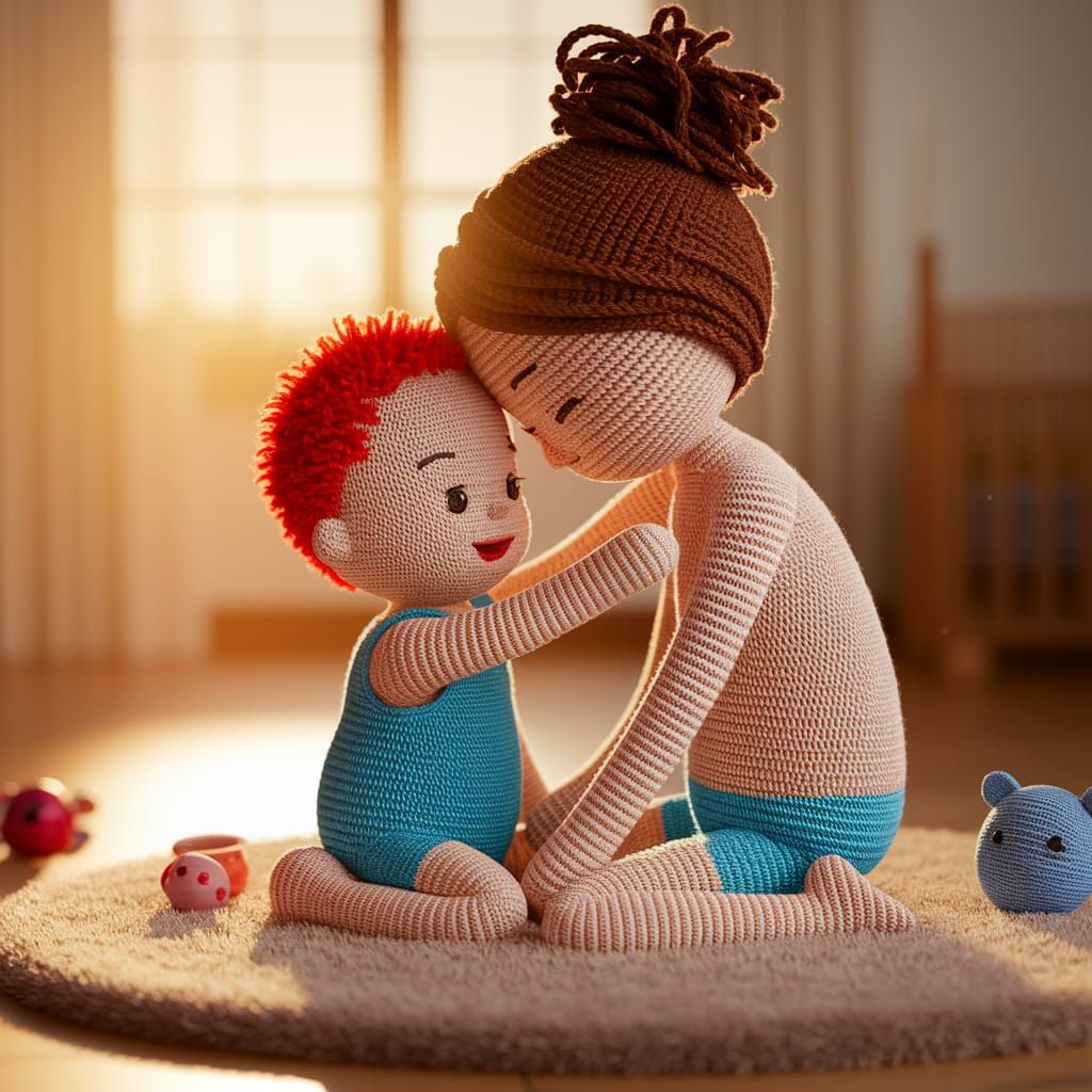 Heartwarming Crocheted Family Portrait in Golden Light