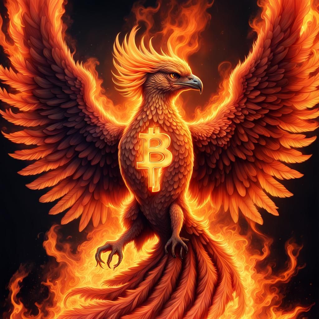 Fiery Phoenix Rebirth with Bitcoin Sign
