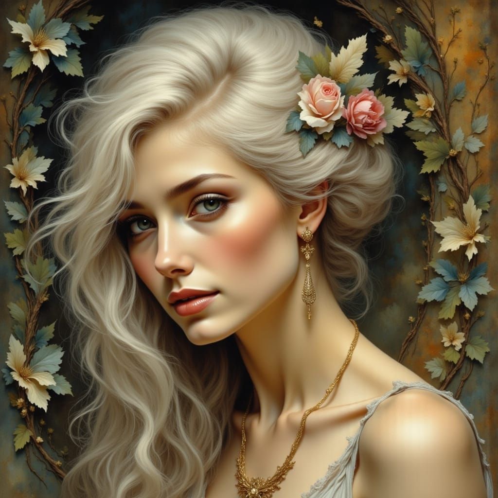 Art Nouveau Portrait of Elderly Woman Remembering Youth