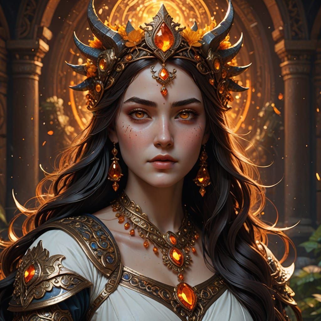 Ethereal Goddess of Home and Hearth in Vibrant Golden Light