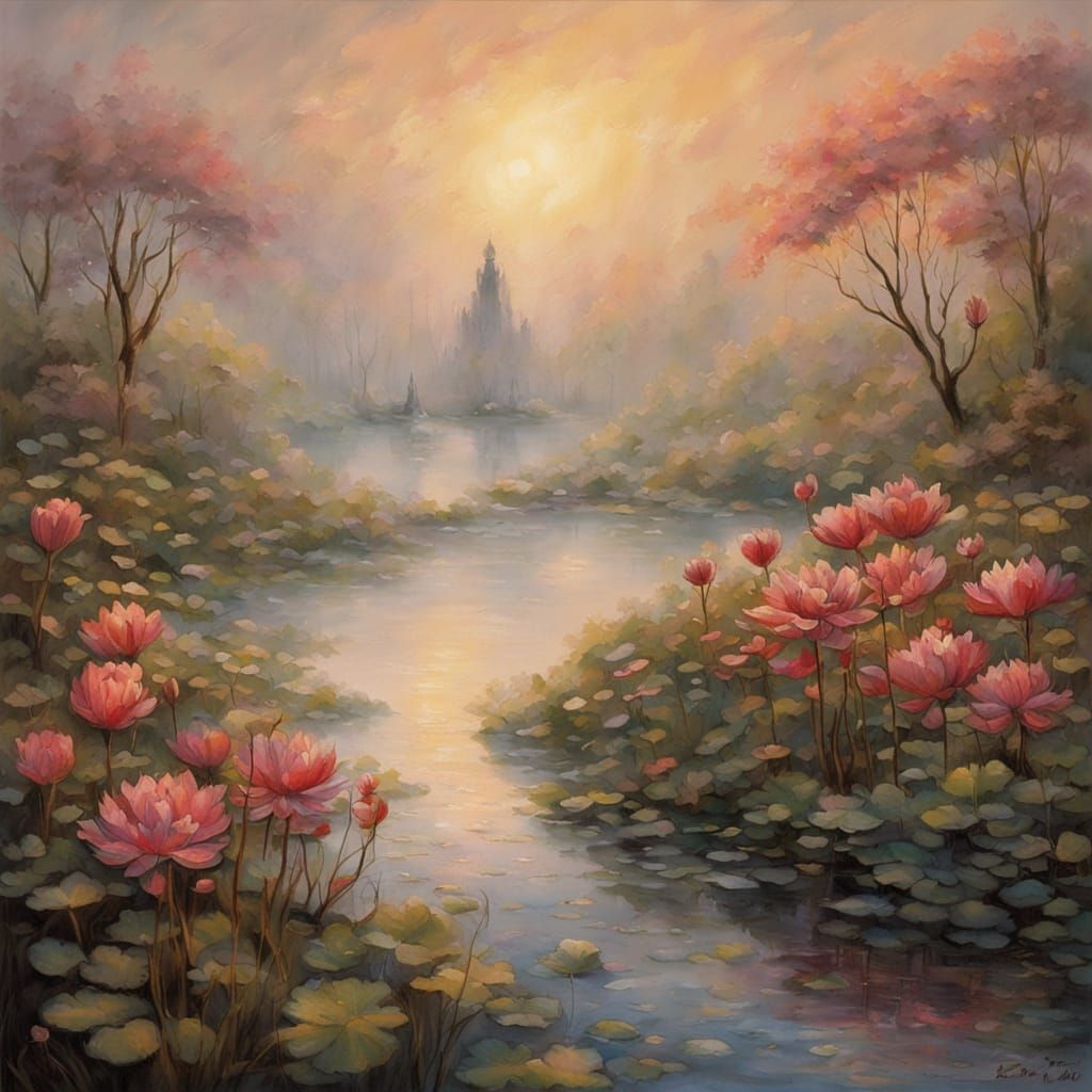 Whimsical Pomegranate Cat Contemplates a Fish in Serene Wate...