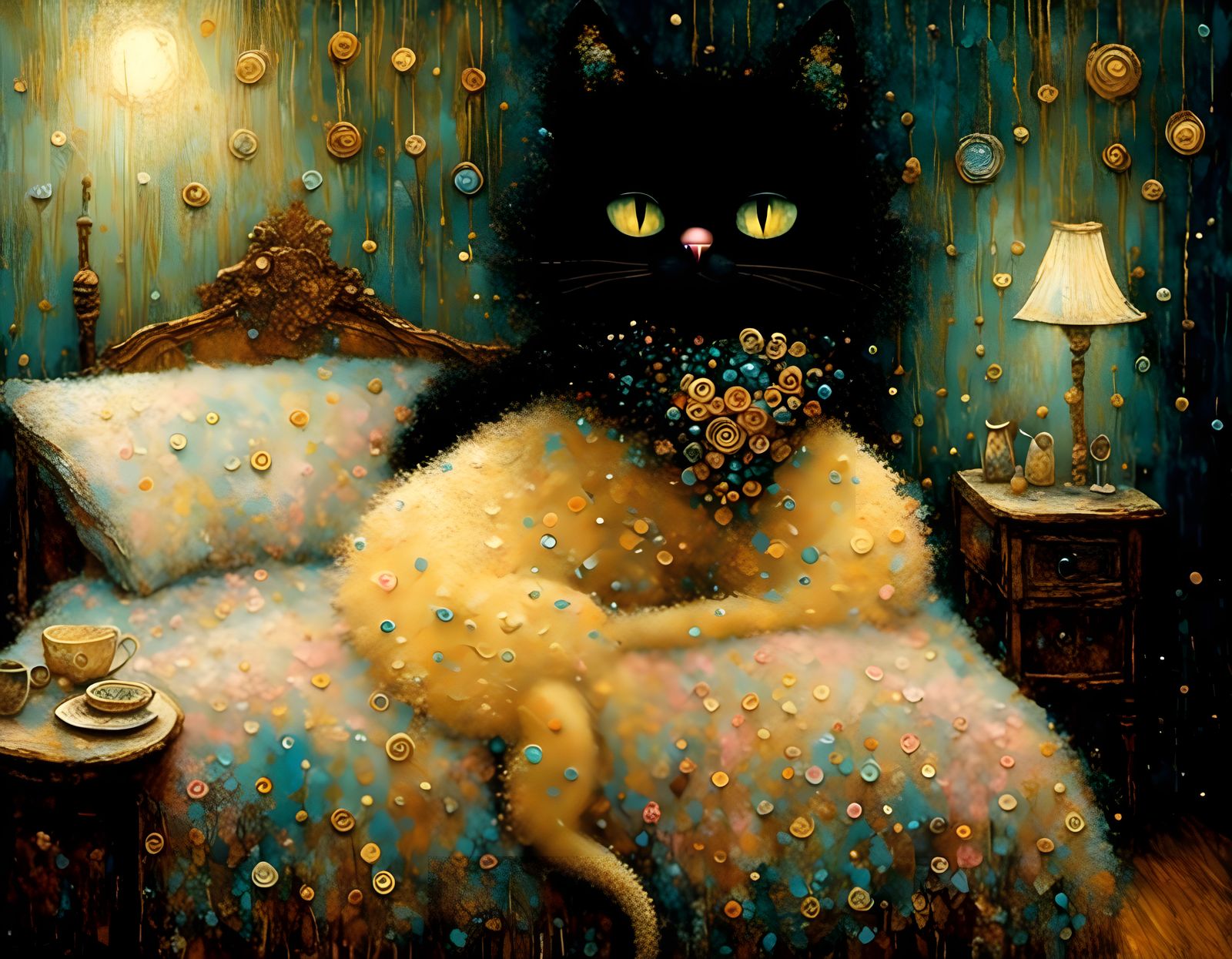 Vivacious Cat Painting in Gustav Klimt Style