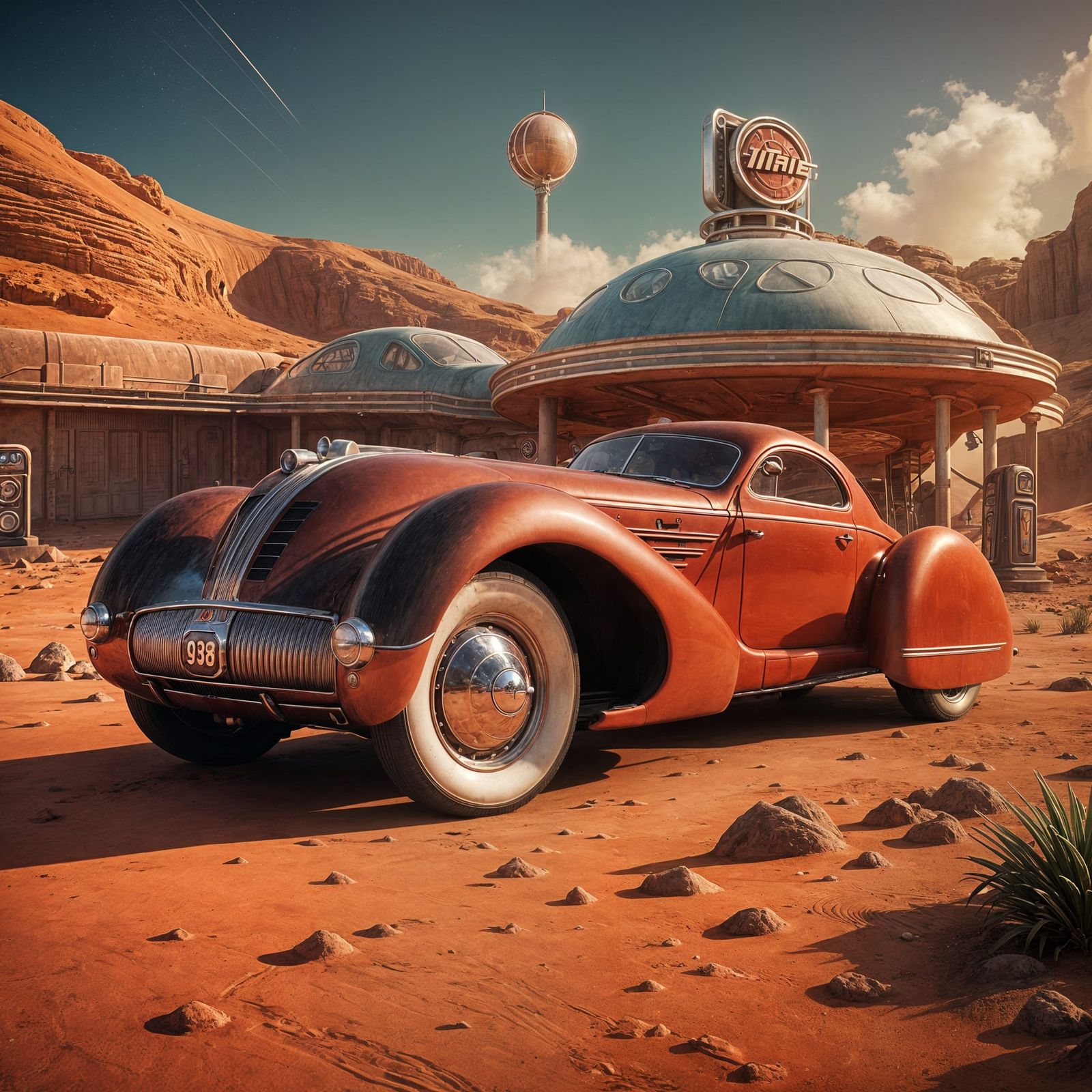 1939 Art-Déco Coupé Super Car on Martian Gas Station