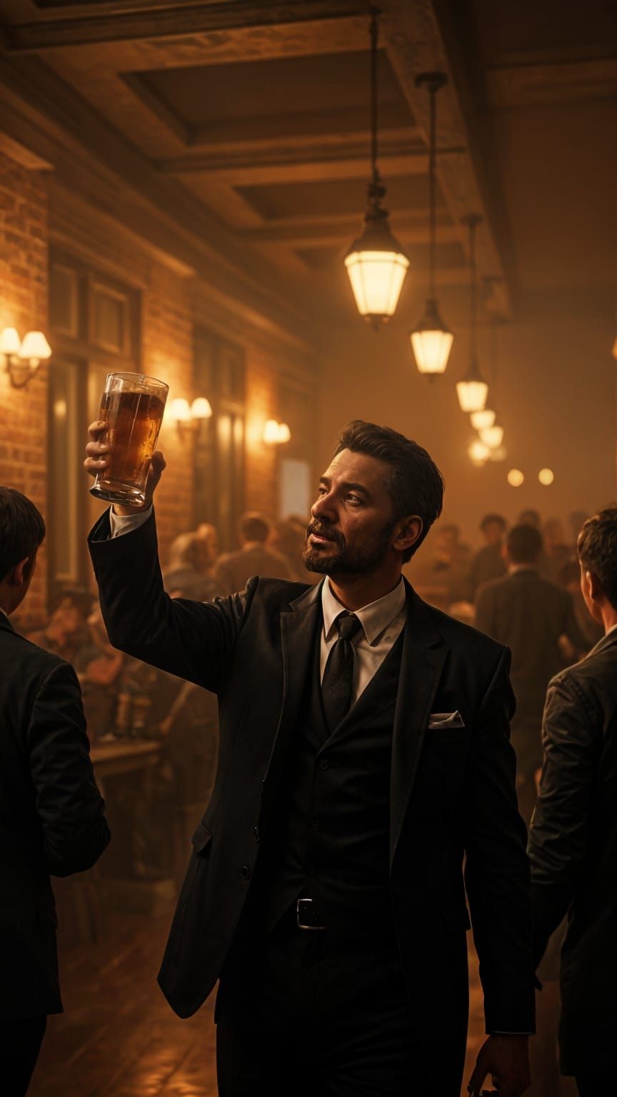 Heroic Man Cheers to Retirement in Epic 3D Cinematic Style