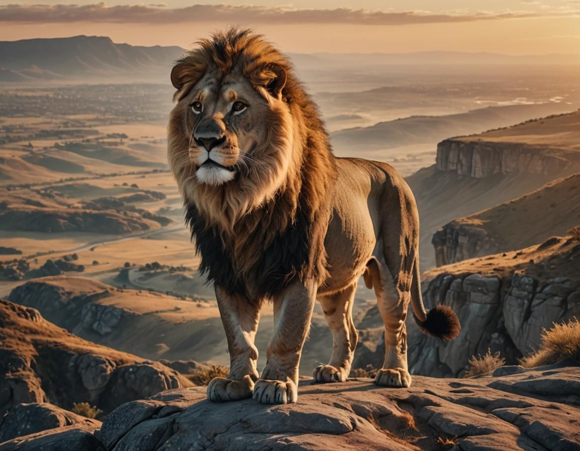 Majestic Lion Overlooking Golden Horizon at Sunrise