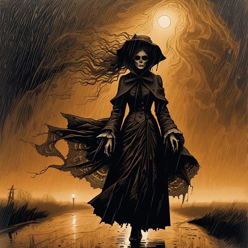 Ethereal Woman Walks in Rain with Ominous Creatures