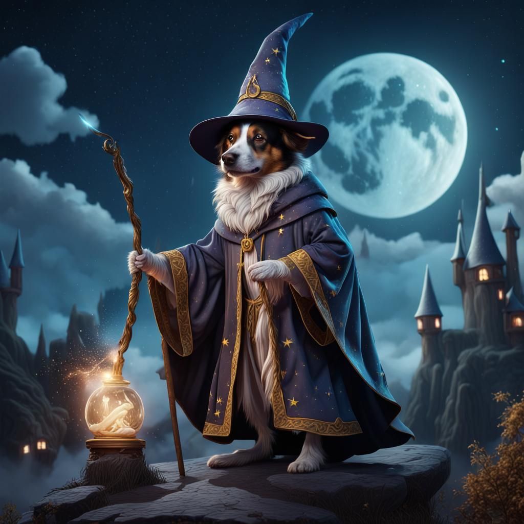 Dog Wizard Under Night Sky, Fantasy Art