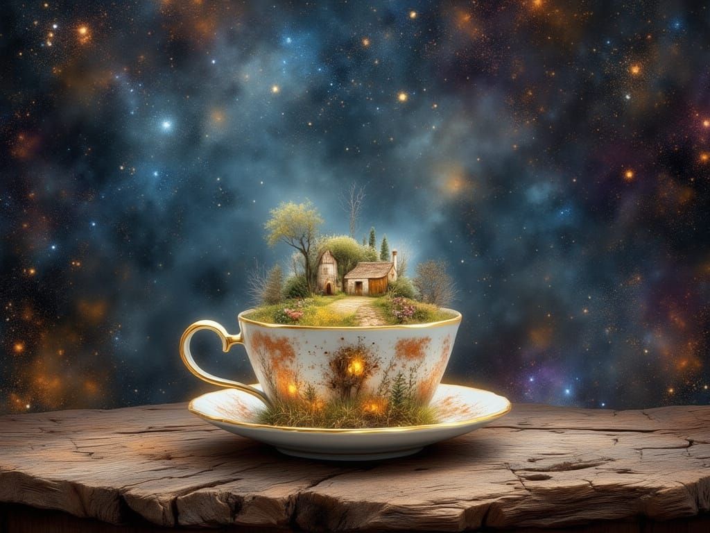 Teacup World: Enchanted Cottage by River at Night