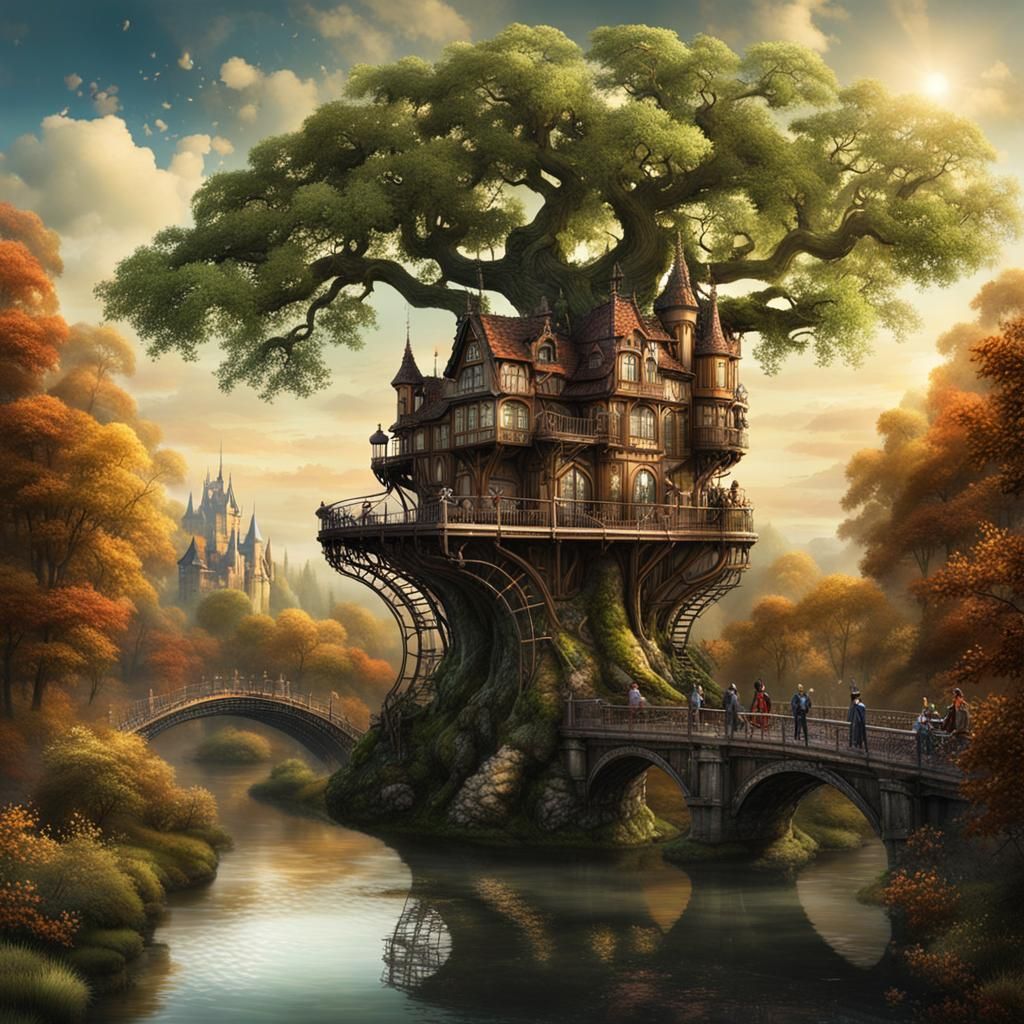 Steampunk Weeping Willow with Castle Landscape