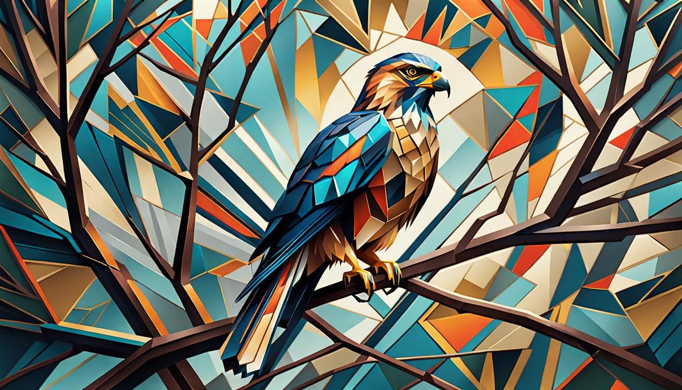 Geometric Hawk on Branch in Art Deco Style