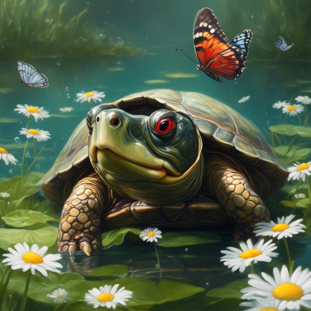 Turtle with Butterfly and Daisies