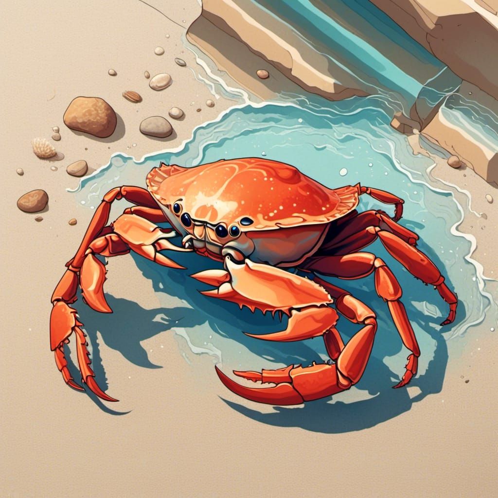Colorful Crab on Beach with Botanical Accents