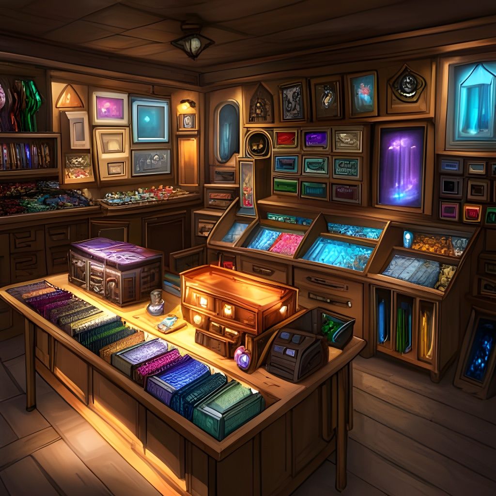 Knolling of a Crystal Shop in Fantasy Art Style