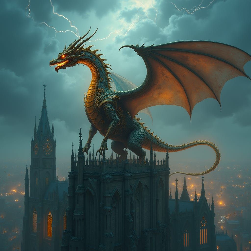 Majestic Clockwork Dragon on Gothic Cathedral
