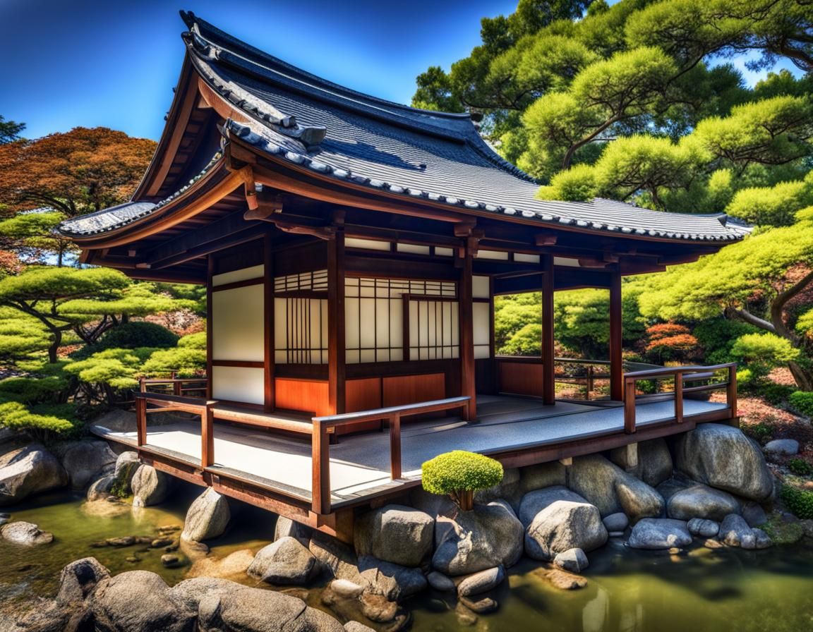 Japanese Tea House in Sunny Garden