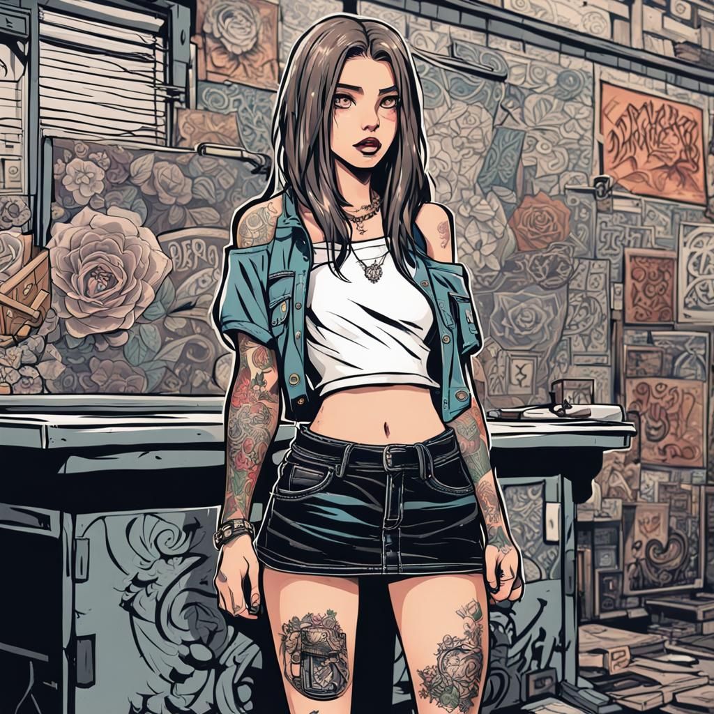 Tattooed Girl in Retro Style: Detailed Line Art