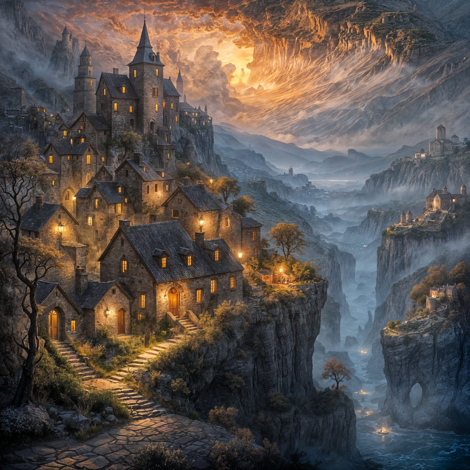 Mystical Cliffside Town in Golden Light - Oil Painting