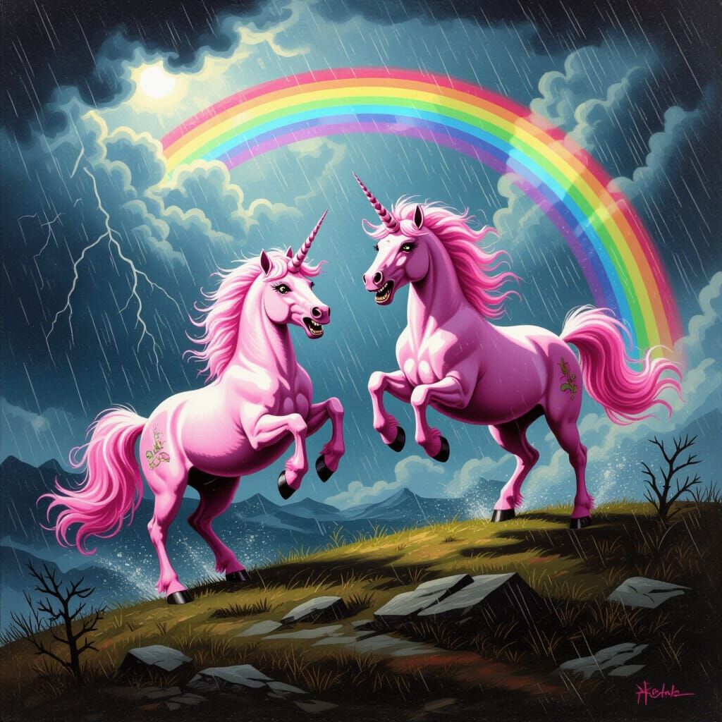 Menacing Unicorns Dancing on Rainbows in Stormy Skies