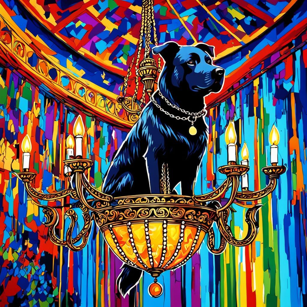 Black Dog on Chandelier, Intense Triadic Color Painting