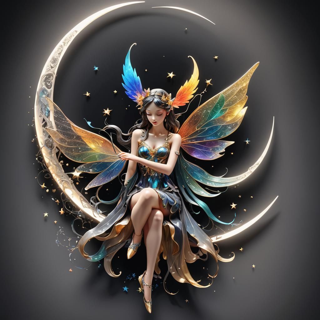 Winged Fairy on Crescent Moon in Abstract 3D