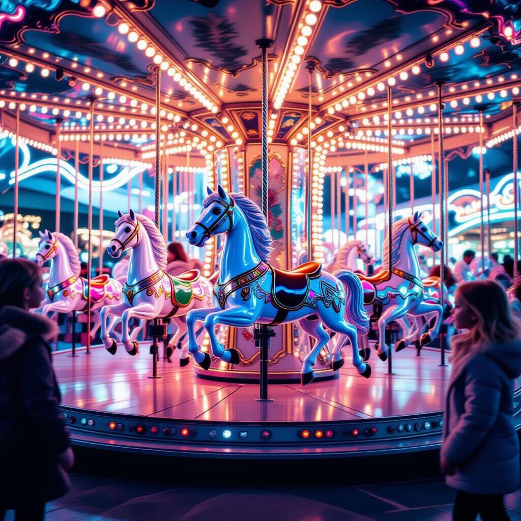 Futuristic Carousel with Glowing Animals and Girl