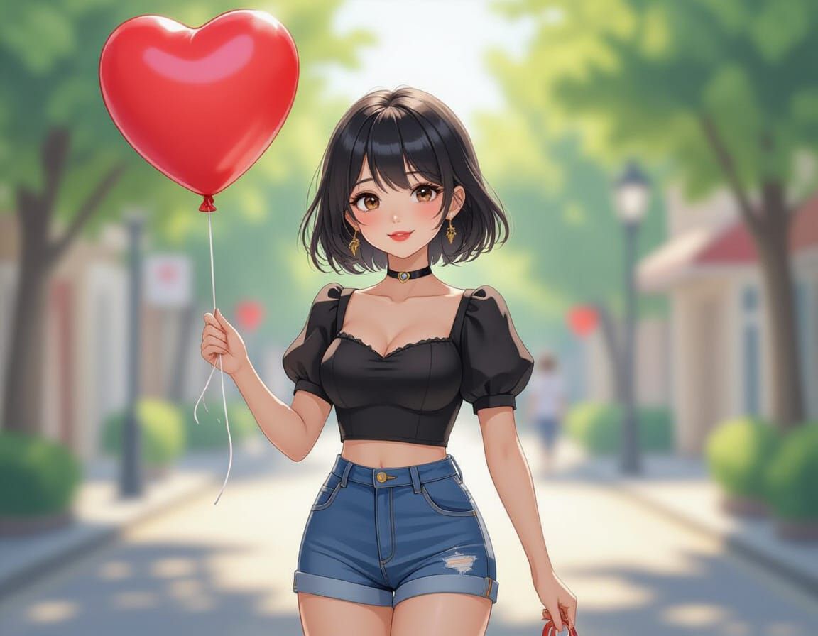 Thai Woman Holding Heart Balloon in Watercolor Style