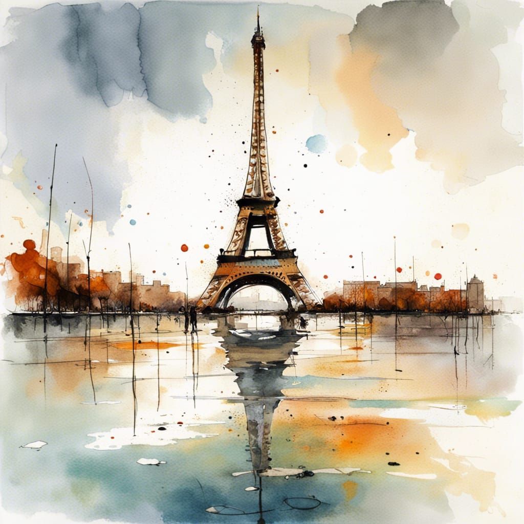 Eiffel Tower in Dystopian Watercolor Landscape