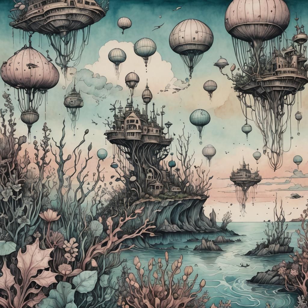 Surreal Seascape with Skyships in Dreamy Print Style