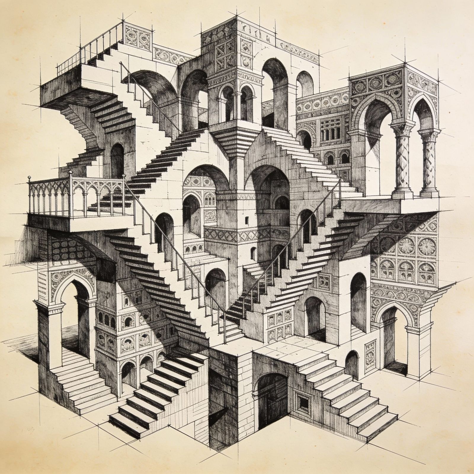 Impossible Labyrinth Architecture Sketch in Escher Style