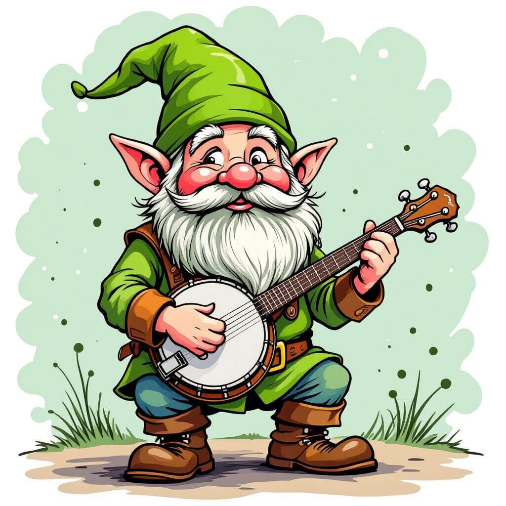 Whimsical Gnome Plays Banjo in Caricature