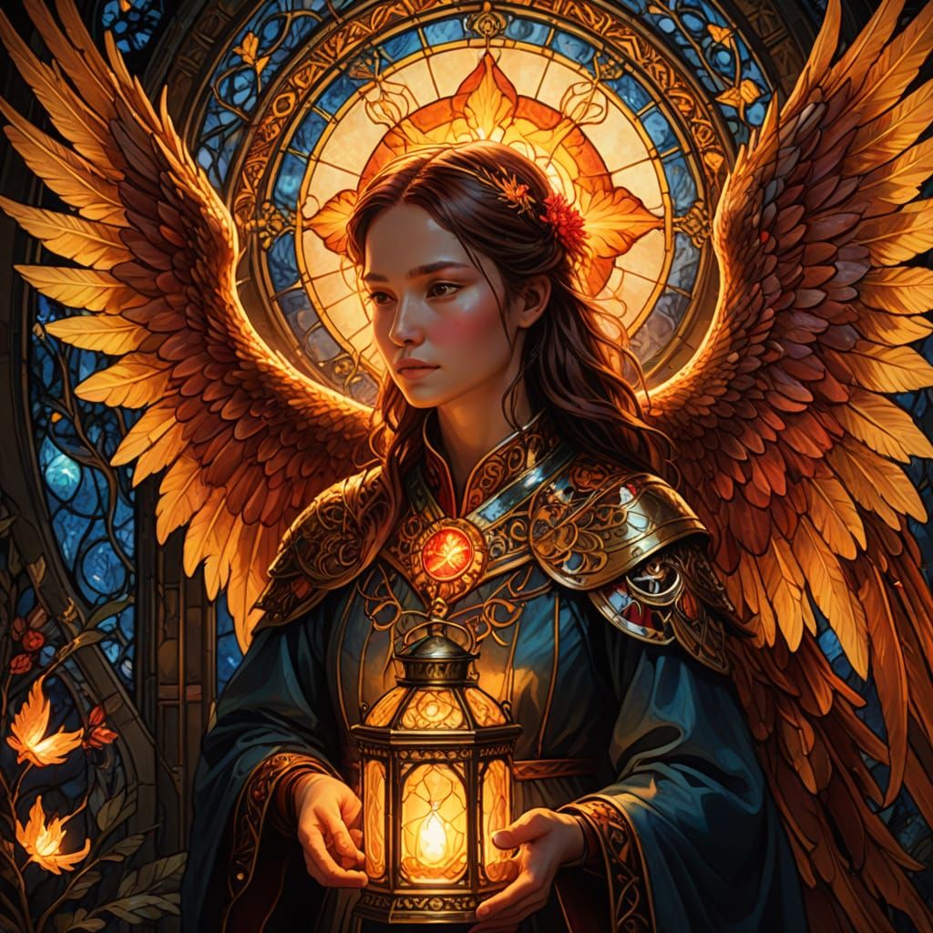 Guardian Phoenix Heals Traveler: Stained-Glass Fantasy Art