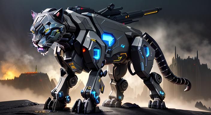 Cybernetic Panther Prowling Dark Megacity