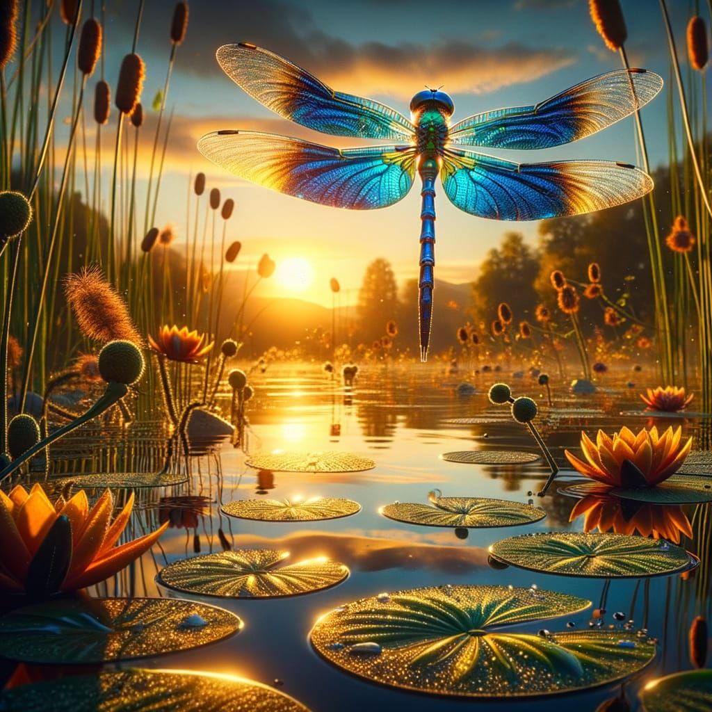 Hyper-Realistic Dragonfly Near Lake at Sunset
