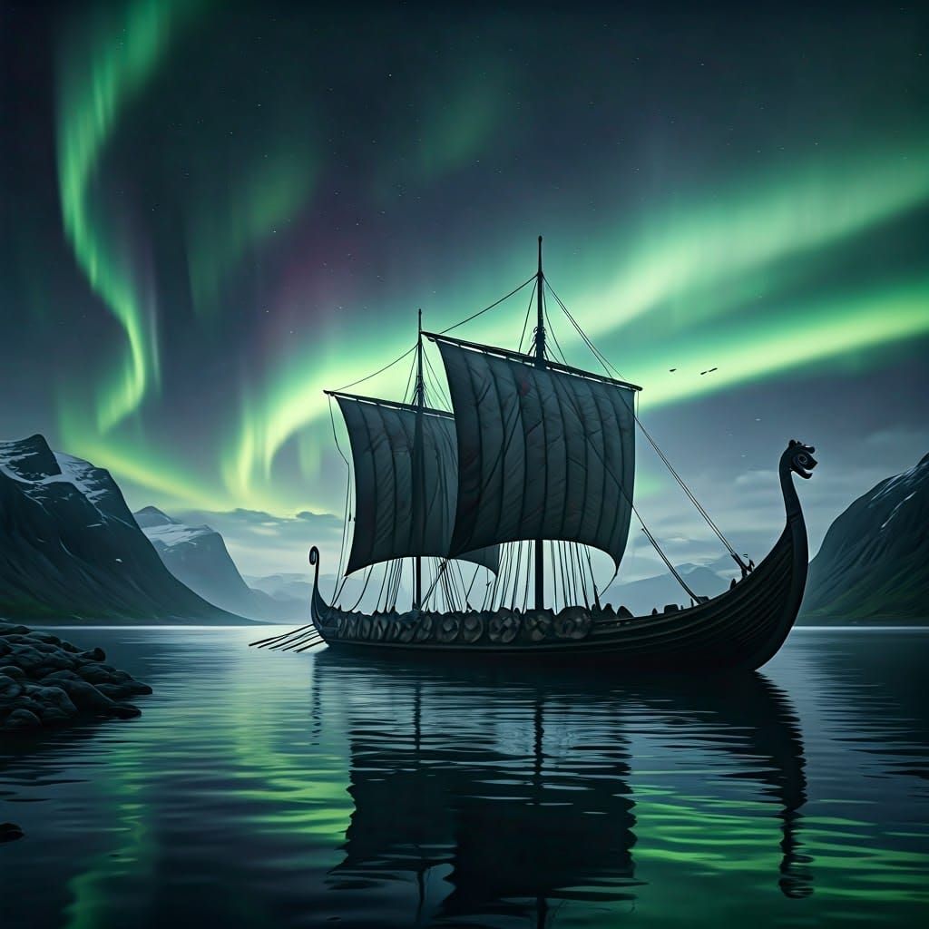 Viking Longships Under Aurora Borealis: Digital Matte Painti...