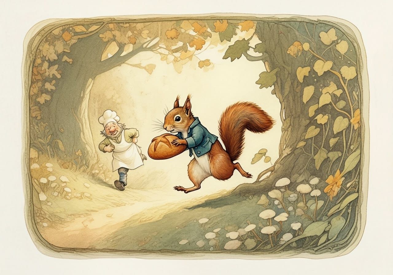 Whimsical Squirrel Stealing Bread, Watercolor Illustration