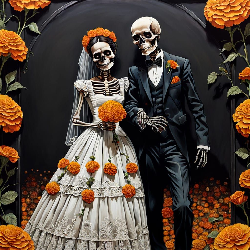 Bride groom skeletons marigold