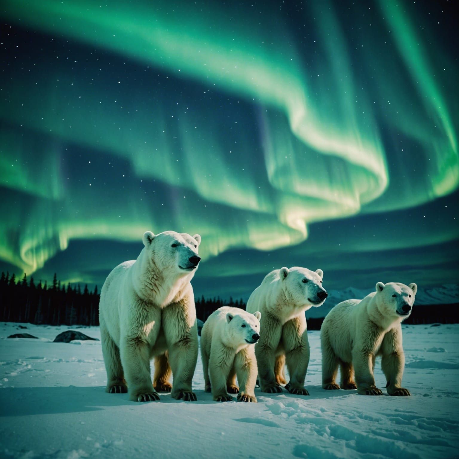 Polar Bear Family Under Aurora Borealis