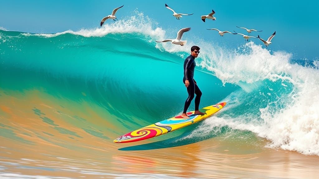 Surfer on Towering Wave in Vibrant Colors