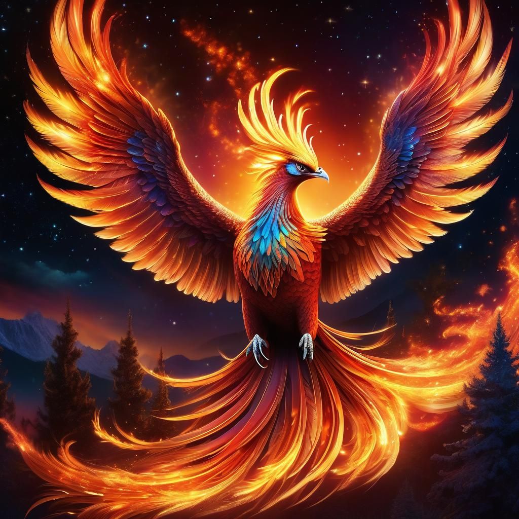 Phoenix Rising from Ashes in Fiery Night Sky
