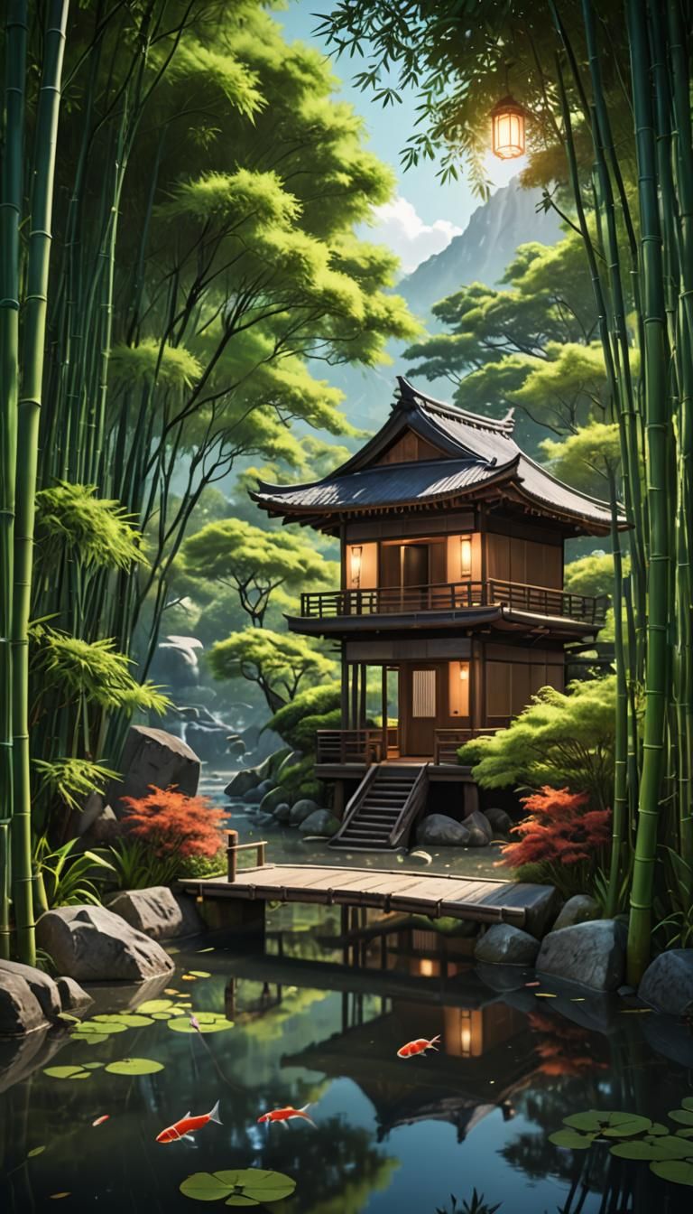 Japanese House in Bamboo Forest: Fantasy Landscape