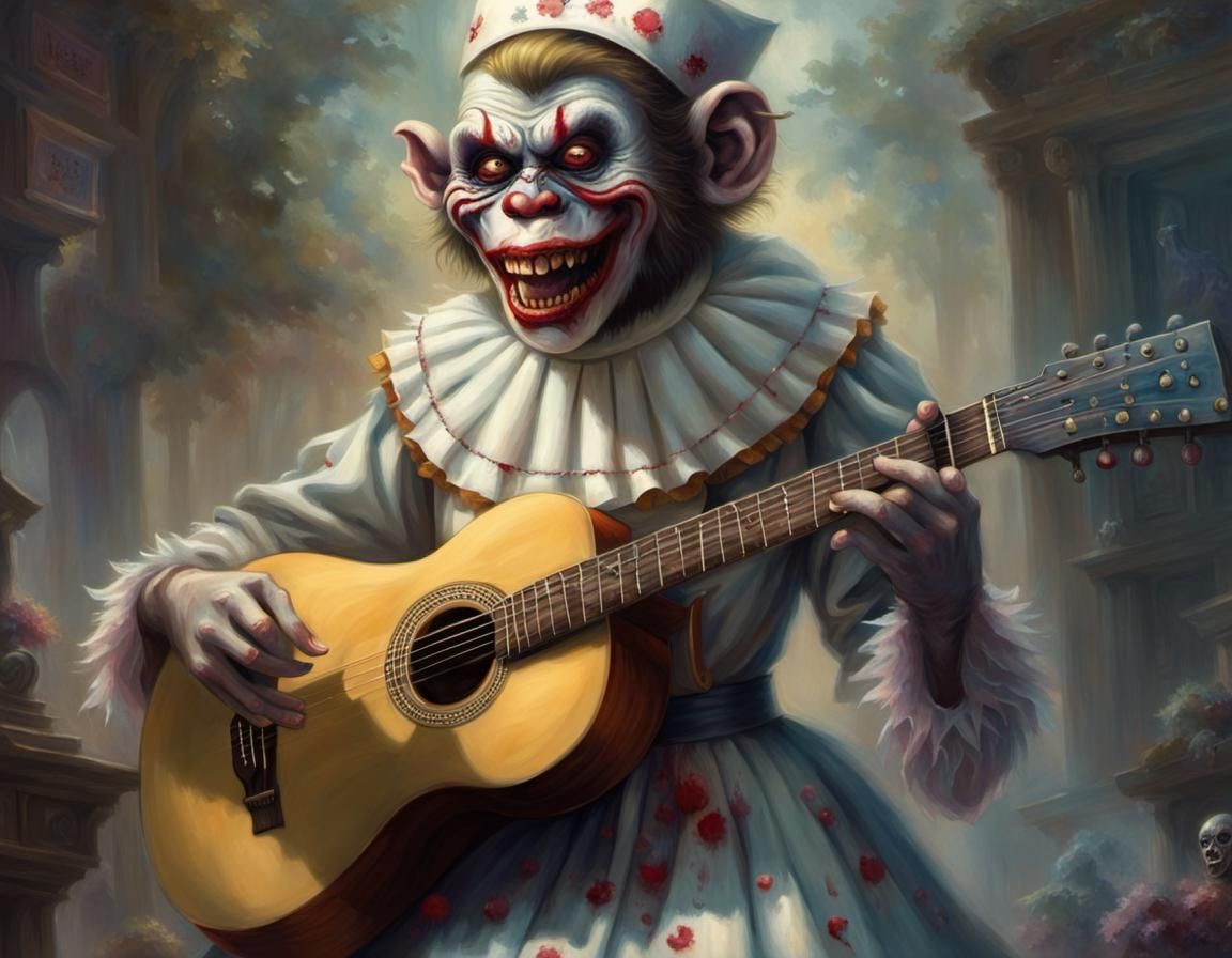 Zombie Monkey Clown Nun Plays Guitar in Fantasy Style