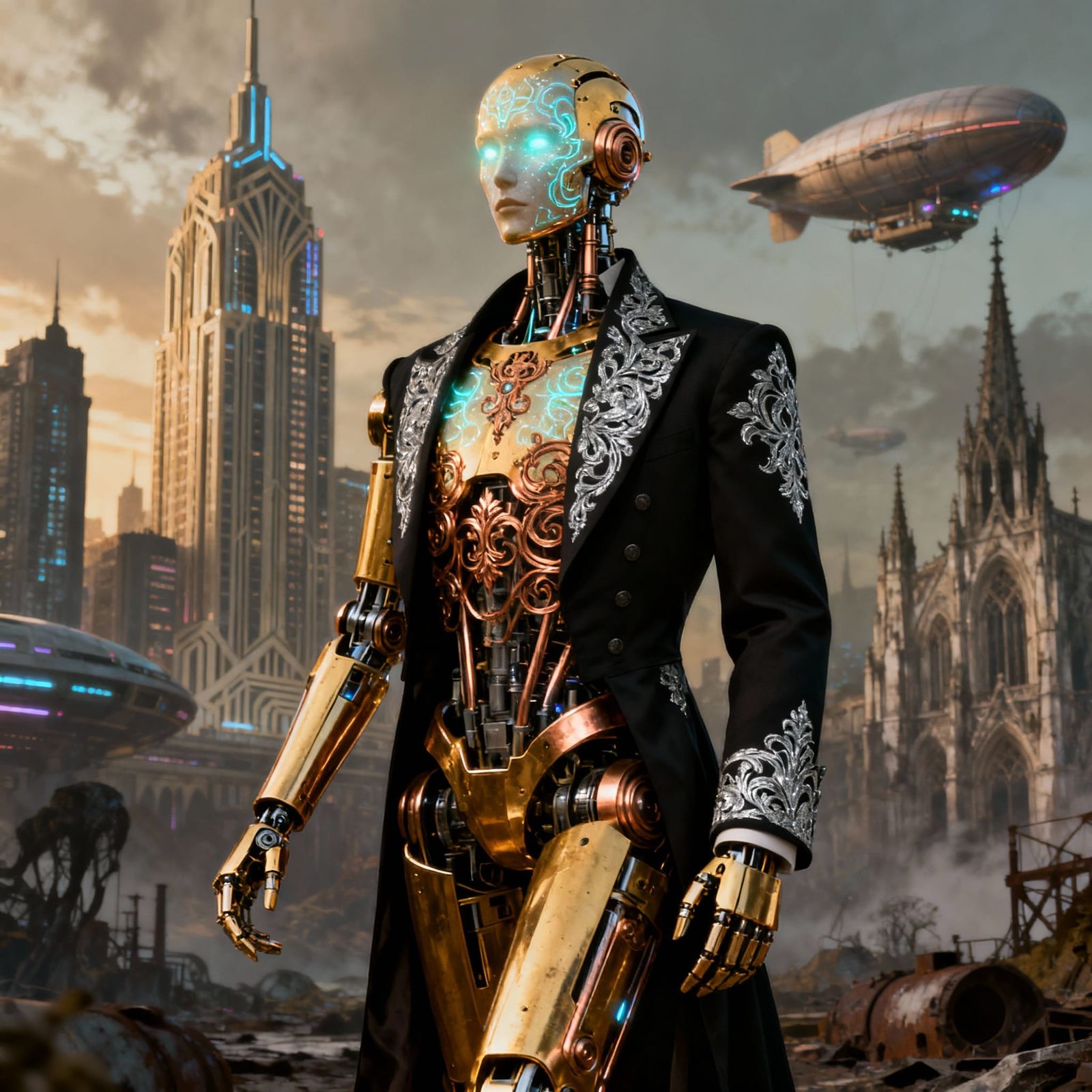 Golden Robot Android in Art Deco Cityscape