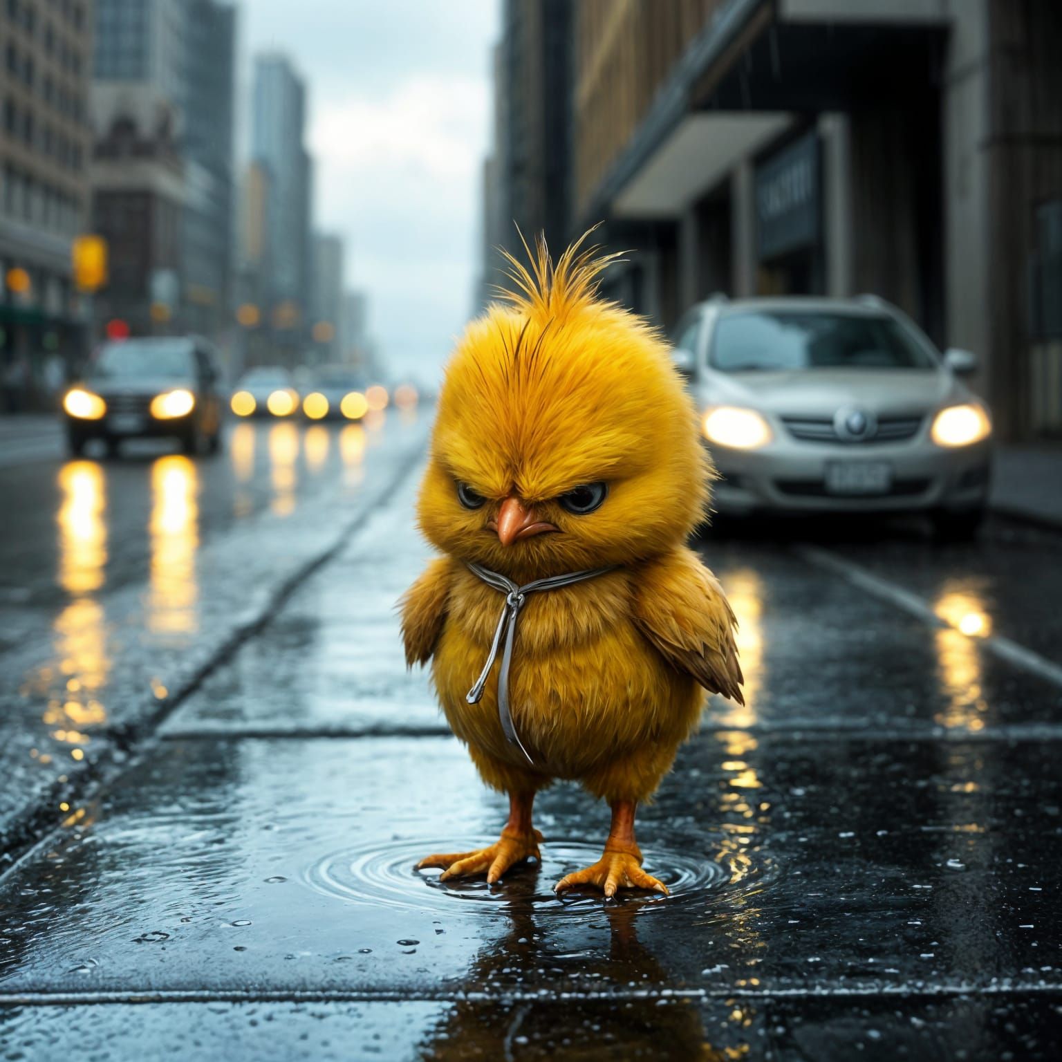 Grumpy Chick on Rainy Sidewalk: Pixar-Style Animation