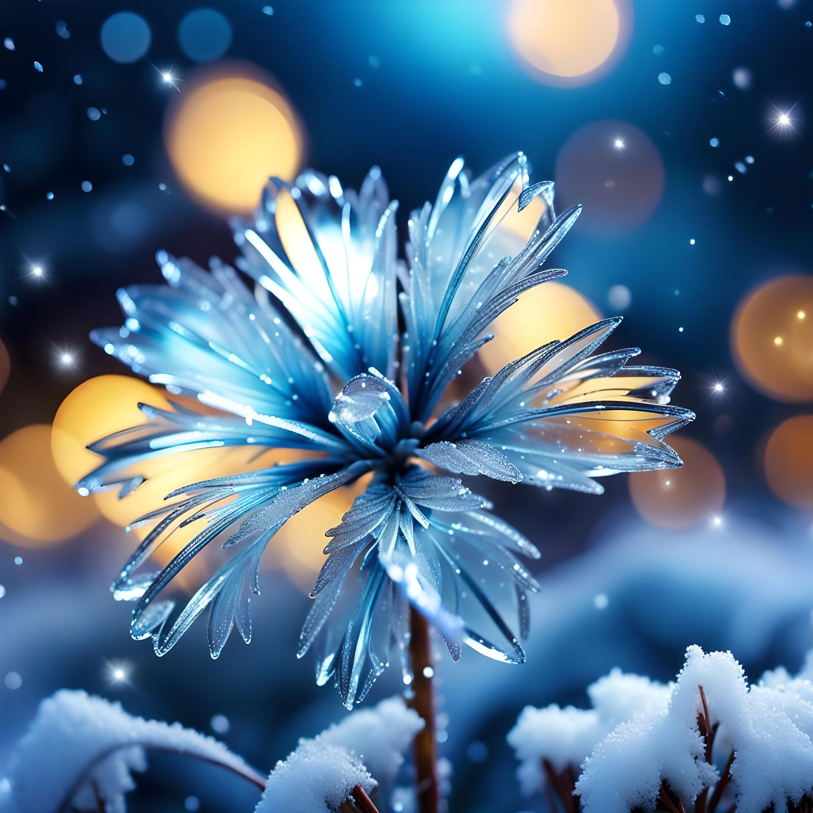 Luminescent Frozen Flower with Glittering Snow, Fantasy Illu...