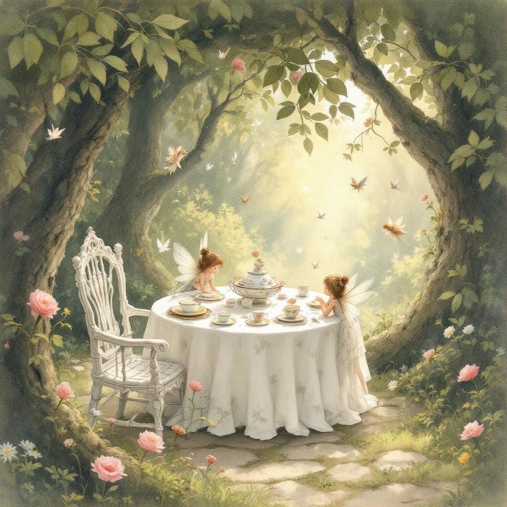 Enchanted Forest Tea Party with Fairies in Watercolor